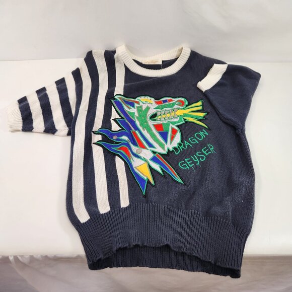 Alpo Geyser Short Sleeve Knit Sweater Navy White Stripe Dragon Geyser EX - Picture 5 of 8